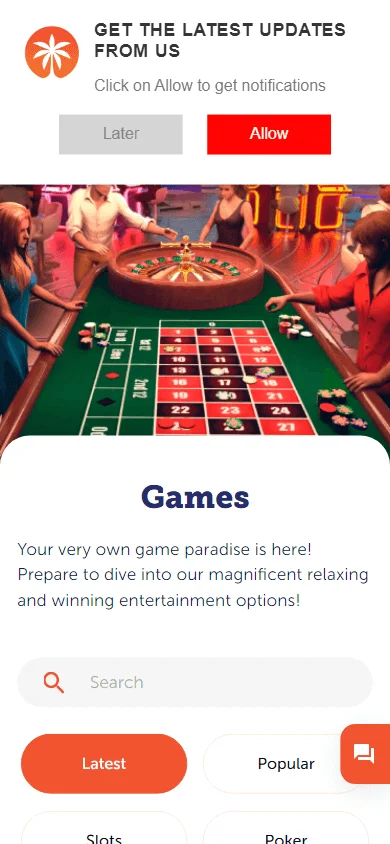 Rich Palms Casino games area on a mobile device