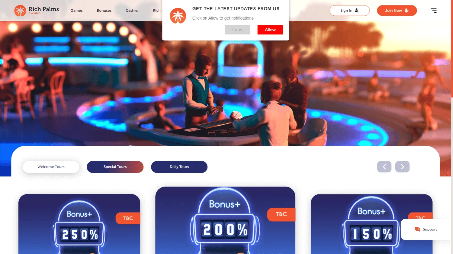 Rich Palms Casino promotions area on desktop