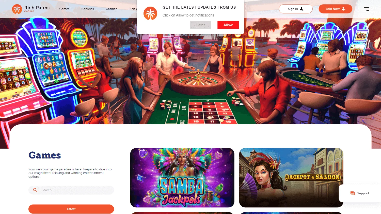 Rich Palms Casino games area on desktop